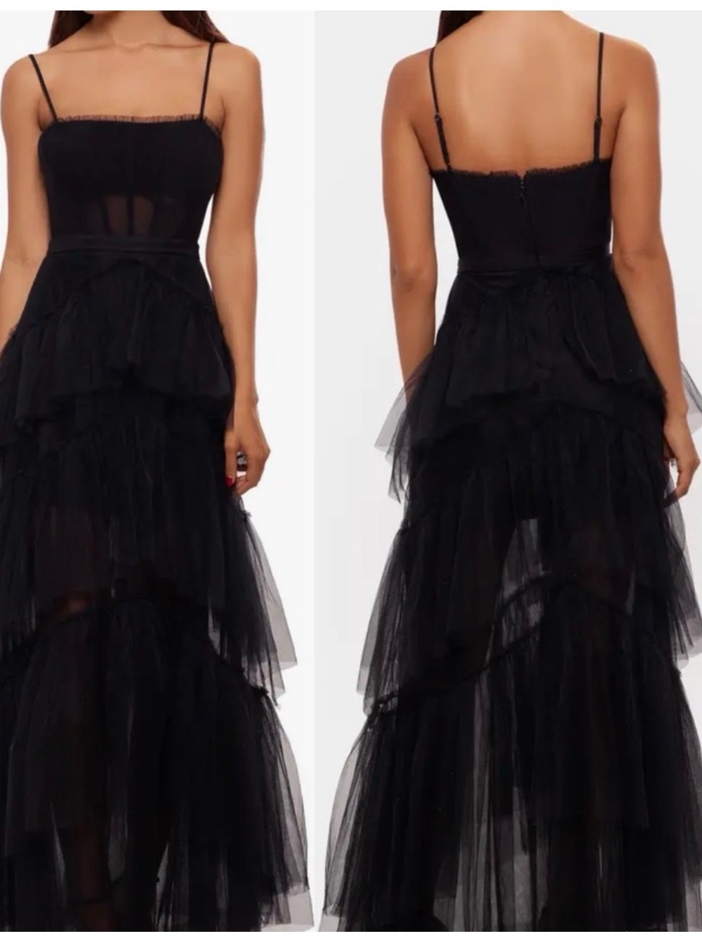 Betsy & Adam Black Tiered Tulle Maxi Dress with Spaghetti Straps